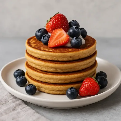Sunde snacks efter træning i form af proteinrige pandekager toppet med bær og skyr – perfekt til restitution og mæthed.